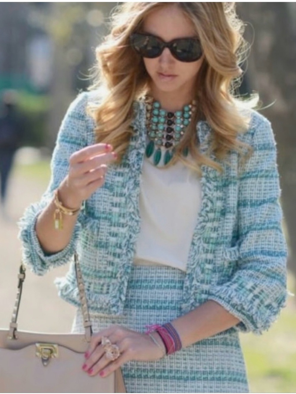 Tory Burch light green and white  Tweed jacket with Fringe Trim